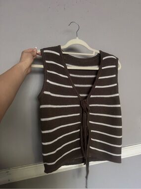 Striped Knit Tie-Front Women’s Vest in Brown and White